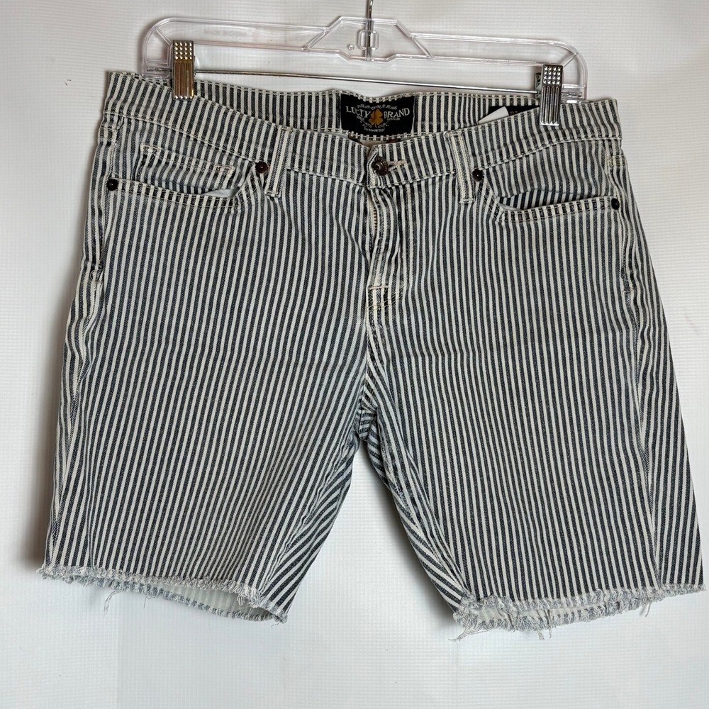 Y2K Lucky Brand Rail Stripe Low Rise Denim Cutoff Shorts Blue White Womens 12/31